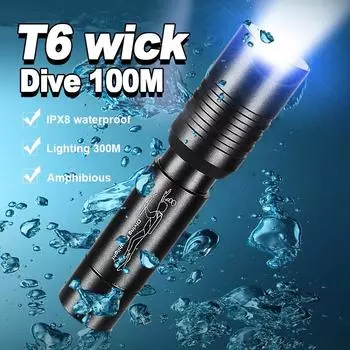 Профессиональный фонарик для дайвинга, 100 метров, мощный T6 с фитилем, портативный светильник для дайвинга, вращающаяся лампа для дайвинга, водонепроницаемый светильник no battery чёрный