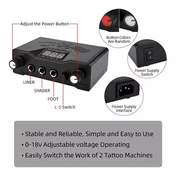 Профессиональный комплект тату-машины, источник питания для татуировки, вращающаяся ручка с педальными иглами для перманентного нанесения UK Plug чёрный