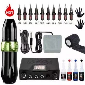 Профессиональный набор для татуировки, роторная ручка, коробка, картридж с жидкостью, 1 черный костюм, зеленый костюм