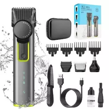 Профессиональный набор для ухода за телом для мужчин, водонепроницаемые электрические машинки для стрижки IPX5, беспроводной регулируемый шаг зубов, триммер для волос 1–12 мм серебряный серый