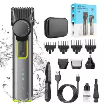 Профессиональный набор для ухода за телом для мужчин, водонепроницаемые электрические машинки для стрижки IPX5, беспроводной регулируемый шаг зубов, триммер для волос 1–12 мм серебряный серый
