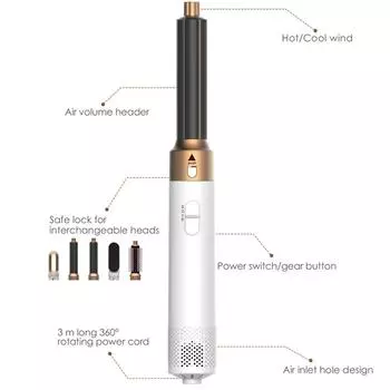 Профессиональный стайлер для волос 5 в 1, малошумный фен для завивки и выпрямления волос, 1000 Вт, мощный ветер, щетки для горячего воздуха, 10000 об/мин us белый
