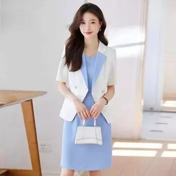 Профессиональный женский костюм-платье с короткими рукавами для весенних модных комплектов L синий