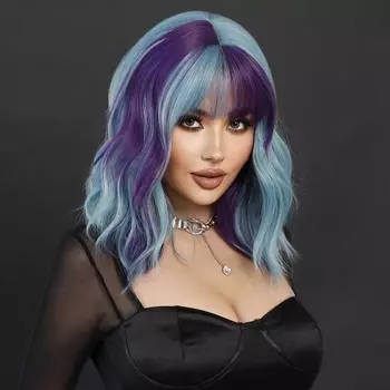 Professional Synthetic Body Wavy Light Blue Hair Wig with Bangs for Women Daily Party High Density Middle Length Highlight Purple Wigs