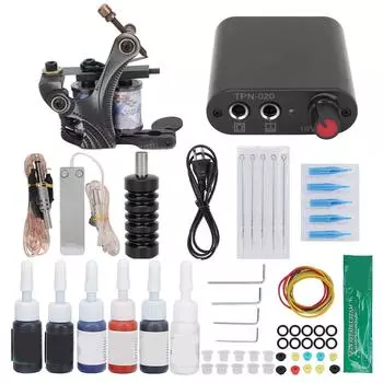 Professional Tattoo Machine Kit 10 Wraps Tattoo Coil Machine Complete Tattoo Power Supply Kit US Plug