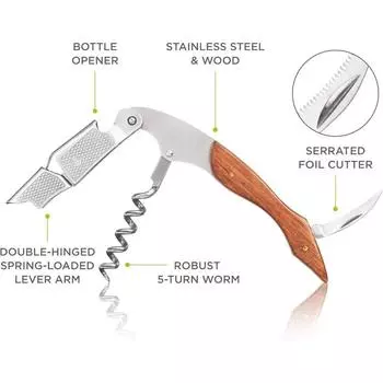 Professional Waiters Corkscrew Wine Key with Ergonomic Wood Grip Corkscrew Spring Loaded Double Lever Wine Opener