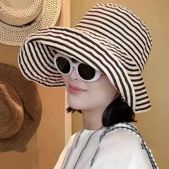 Professional Women s Spring and Summer Sun Hat Foldable Striped Design with Wide Brim UV Protection Perfect for Outdoor Travel чёрный/бежевый
