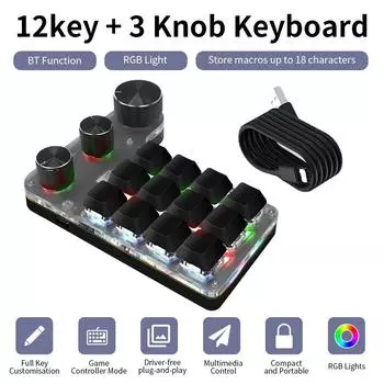Программирование Bluetooth Макрос Пользовательская клавиатура с 3 ручками RGB 12 клавиш Копировать Вставить Photoshop Игровая клавиатура Механическая горячая замена Macropad Red axis
