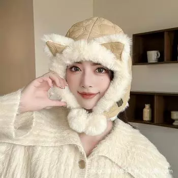 Прохладная осенне-зимняя милая женская шапка из лисы, плюшевая вязаная шапка, универсальная теплая утепленная модная защита для ушей one size fits all хаки
