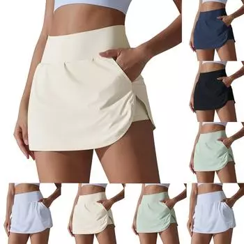 Прохладная солнцезащитная теннисная юбка с высокой талией, обтягивающая задняя талия, карман, спортивная короткая юбка для йоги L бежевый