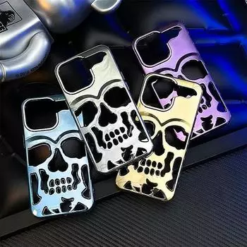 Крутой чехол для телефона Hollow 3D Skull для iPhone 16 15 14 Plus 13 12 11 Pro Max с покрытием Gothic Skeleton Design, противоударный чехол iPhone 14 Pro Max чёрный