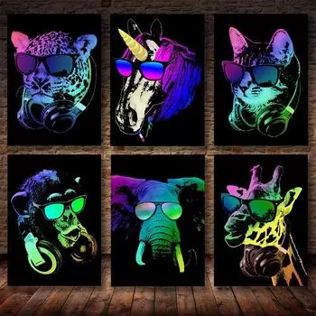Прохладный DJ Обезьяна Слон Кот Плакат Печать на холсте Фотографии животных Холст Картина Домашнее украшение Картина Гостиная 21cm30cm NoFrame