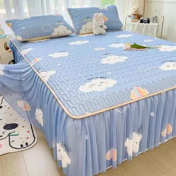 Прохладный кондиционер, латексный коврик, юбка-кровать, комплект из трех предметов, мягкий коврик из ледяного шелка, можно стирать в машине, односпальная двуспальная простыня 120x200cm