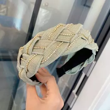PROLY Новая Модная Повязка на Голову для Женщин Широкий Тюрбан Ручной Работы Плетеный Головной Убор Блестящие Стразы Аксессуары для Волос