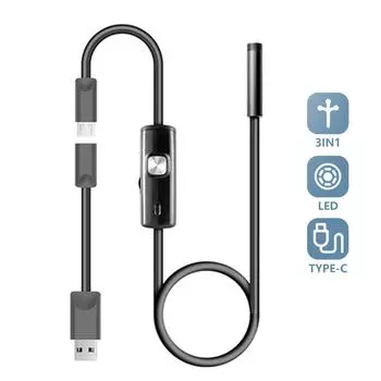 Промышленная эндоскопическая камера IP68 Водонепроницаемая 7 мм 720P 3в1 для телефонов Android ПК USB 6 светодиодов Регулируемая подсветка для инструмента для ремонта автомобиля 1M&7mm чёрный