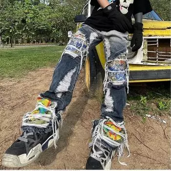 Промытые дырки, старые винтажные вышитые свободные прямые брюки, рваные джинсы, женские брюки Y2k, джинсовые брюки с высокой талией, уличная одежда в стиле панк S серый