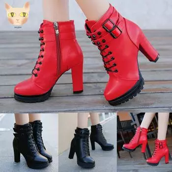 Прощальные женские кожаные сапоги на высоком каблуке, туфли на шнуровке с круглым носком, однотонные туфли на шнуровке с круглым носком 38 красный