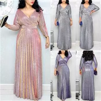 Прощание, женское сексуальное вечернее плиссированное длинное платье с глубоким v-образным вырезом и поясом с высокой талией, блестящее блестящее платье M серый