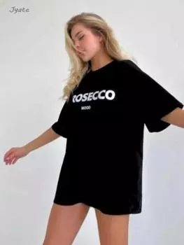 Prosecco Letter Print Модные летние футболки из хлопка, американская уличная одежда, женские топы 2024 года, новые свободные футболки с коротким рукавом и круглым вырезом Y2K 4XL
