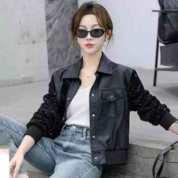 Прошитая кожаная куртка с пайетками для женщин, весна и осень, новый стиль, маленькая тонкая короткая куртка из искусственной кожи, топ M