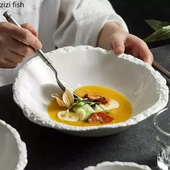 Простая белая керамическая суповая миска для кухни, ресторана, специальная посуда, креативная миска для салата с каменной текстурой, миски для лапши, обеденная тарелка