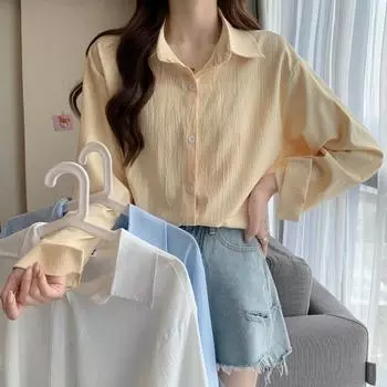 Простая белая рубашка с отложным воротником, женская, темпераментная, с длинным рукавом, свободная, повседневная, женская, модная, однобортная, офисная, женская, рубашки, топы 25569 One Size белый