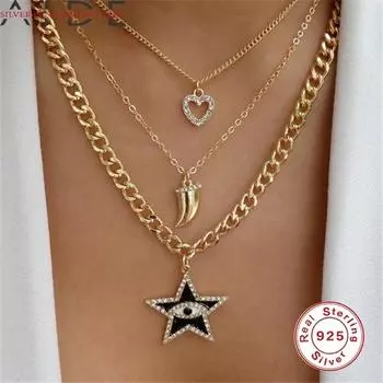 Простая цепочка-скрепка с бриллиантами, ожерелье с подвеской от сглаза, женское ожерелье с серебряной золотой цепочкой 925 пробы, ожерелье, бижутерия