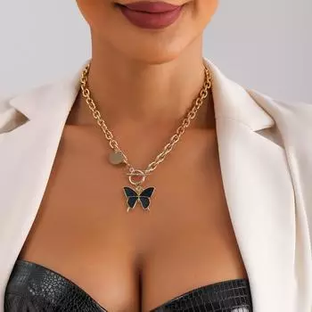 Простая черная бабочка, имитация перламутра, ожерелье, темпераментный металл, толстая алюминиевая цепочка, цепочка для свитера