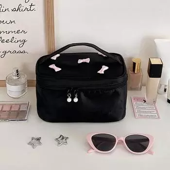 Простая черная косметичка с бантом, переносная сумка для хранения на молнии, пенал, органайзер для косметики, дорожный несессер для туалетных принадлежностей, сумка в подарок девушке 19*10*7cm