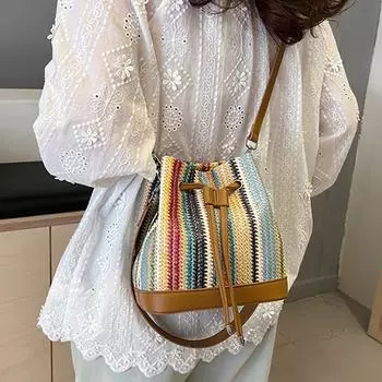 Простая цветная плетеная сумка-ведро из травы для женщин в стиле ретро, лоскутное шитье, сумка через плечо, дорожная женская сумка через плечо (20cm<Max Length<30cm)