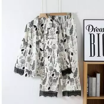 Простая двухслойная женская пижама из чистого хлопка с марлей, весна/осень, тонкая, с длинными рукавами, свободная домашняя одежда, черная пижама с принтом «зебра и лес» M