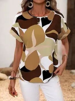 Простая футболка с геометрическим узором и 3D-цифровой печатью для женщин, повседневная, с круглым вырезом, с короткими рукавами, топы, футболки, одежда XS