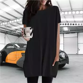 Простая футболка с короткими рукавами, женская повседневная базовая рубашка в горошек, летний топ средней длины с круглым вырезом и карманом S чёрный