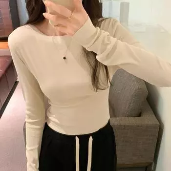 Простая футболка с круглым вырезом и длинными рукавами для женщин, осень и зима, новинка, маленькая, узкая, короткая, универсальная рубашка S