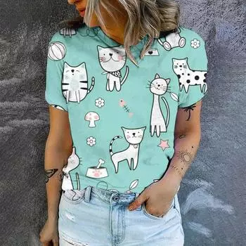 Простая футболка с круглым вырезом и принтом кота, новинка 2024, свободная дышащая футболка, уличная модная летняя повседневная женская футболка XXS