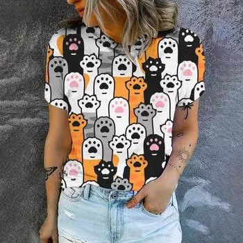 Простая футболка с круглым вырезом и принтом кота, новинка 2024, свободная дышащая футболка, уличная модная летняя повседневная женская футболка S