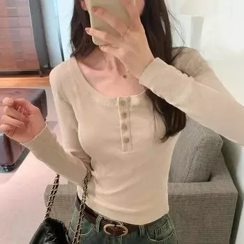 Простая футболка с низким воротником, отстроченная на пуговицах, с длинными рукавами для женщин на осень и зиму, новая нишевая внутренняя одежда, утягивающая короткая рубашка S