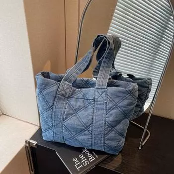 Простая хлопковая одежда, переносная сумка-тоут, женская сумка для поездок на работу осенью и зимой, вместительная повседневная универсальная сумка через плечо с бриллиантами 40*9*30 светло-синий