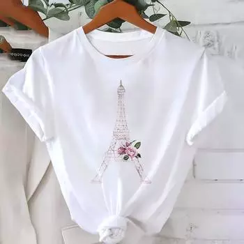 Простая и элегантная футболка с принтом Paris Tower Top O-neck и короткими рукавами, высококачественная и удобная повседневная женская одежда S