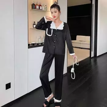 Простая и милая черно-белая женская пижама из атласа с карманами и складками из кружева Ice Silk, комплект пижамы с отворотами M чёрный