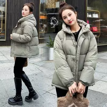 Простая и универсальная хлопковая одежда женская свободная короткая куртка с капюшоном утолщенная зимняя одежда с хлопковой подкладкой новые модели M чёрный