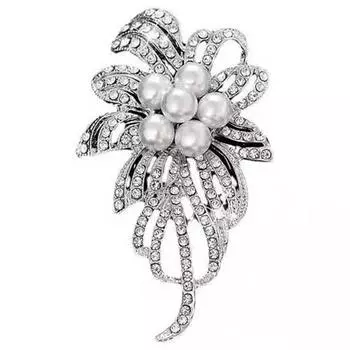 Простая и универсальная серебряная брошь в виде цветка жемчуга для женского свитера, роскошная булавка для корсажа со стразами