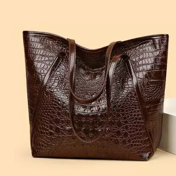 Простая и универсальная сумка-тоут с крокодиловым принтом, большая вместимость, модная сумка, винтажный дизайн, женская сумка через плечо 30x17x32cm кофейный