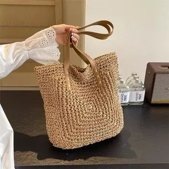 Простая и вместительная соломенная плетеная сумка, модная летняя пляжная женская сумка через плечо, трендовые сумки на молнии для девочек 30x3x42cm бежевый