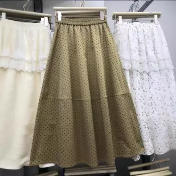 Простая интеллектуальная и тонкая юбка-зонтик Хепберн 2025 с карманами, высокая талия, темпераментная юбка в горошек One size хаки