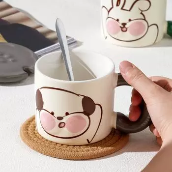 Простая керамическая чашка, набор кружек для дома, чашка для воды, мультяшная милая чашка с крышкой, ложка, чашка для завтрака 320ML