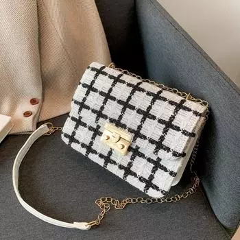 Простая клетчатая сумка 2024 года, осень, новый замок, плетение, модный иностранный стиль, цепочка через плечо, женская маленькая квадратная сумка белый