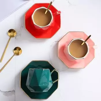 Простая кофейная чашка и блюдо в скандинавском стиле, набор из двух предметов, керамическая чашка в форме ромба, чашка для воды, чашка для послеобеденного чая, молока
