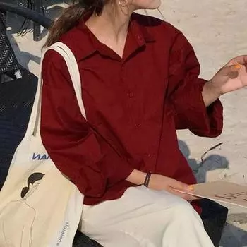 Простая красная блузка с длинным рукавом для офиса 2023, повседневные свободные женские рубашки с отложным воротником, универсальные женские однобортные топы 30393 S красный