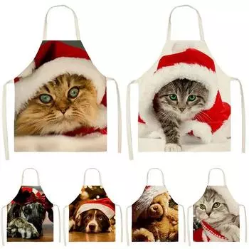 Простая красная шляпа с рисунком кошки и собаки, женский кухонный фартук, чистый льняной новый фартук на Новый 2022 год 47x38cm